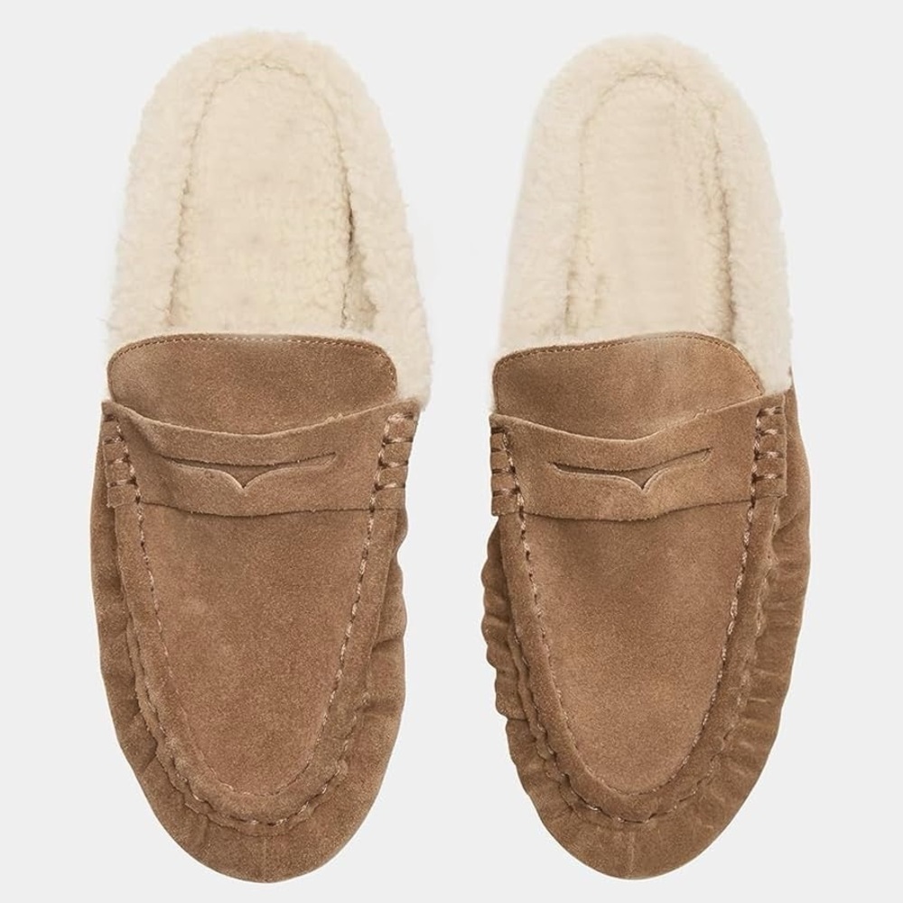 Women loafers Suede Penny Mules Faux Fur Lined Slip-on Taupe size 8 - Picture 3 of 3